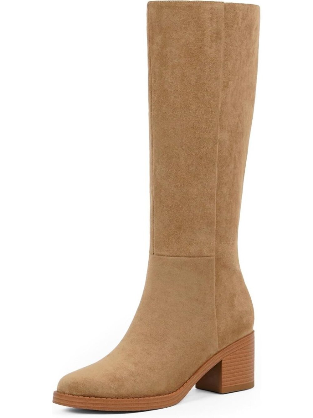 Women's Suede Camel Knee High Boots Chunky Low Block Heel Round Toe Boots